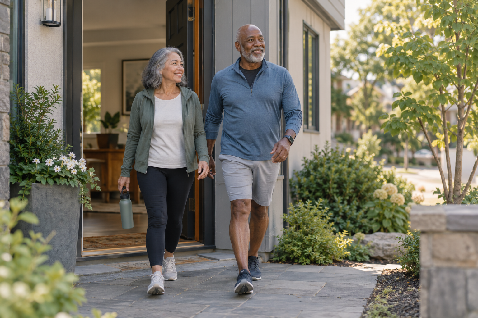 An active retired couple beginning an ordinary weekday with purpose