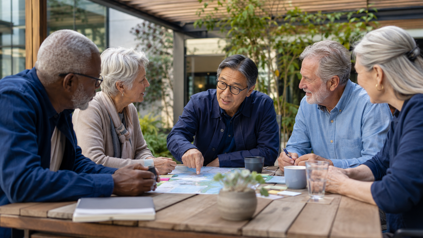 A diverse group of older adults sharing ideas around an outdoor table