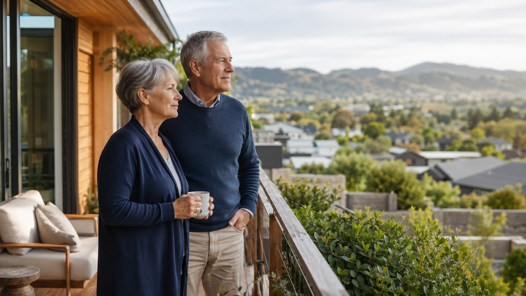 A couple looking towards the future from their home terrace