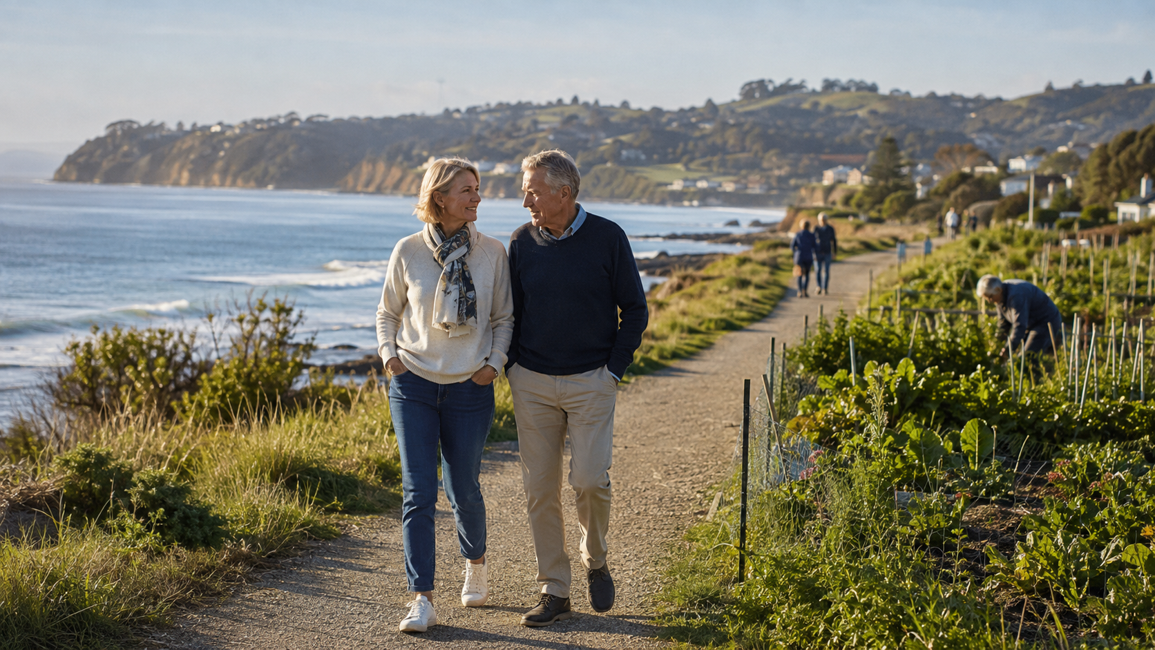 A couple walking beside a coastal community garden