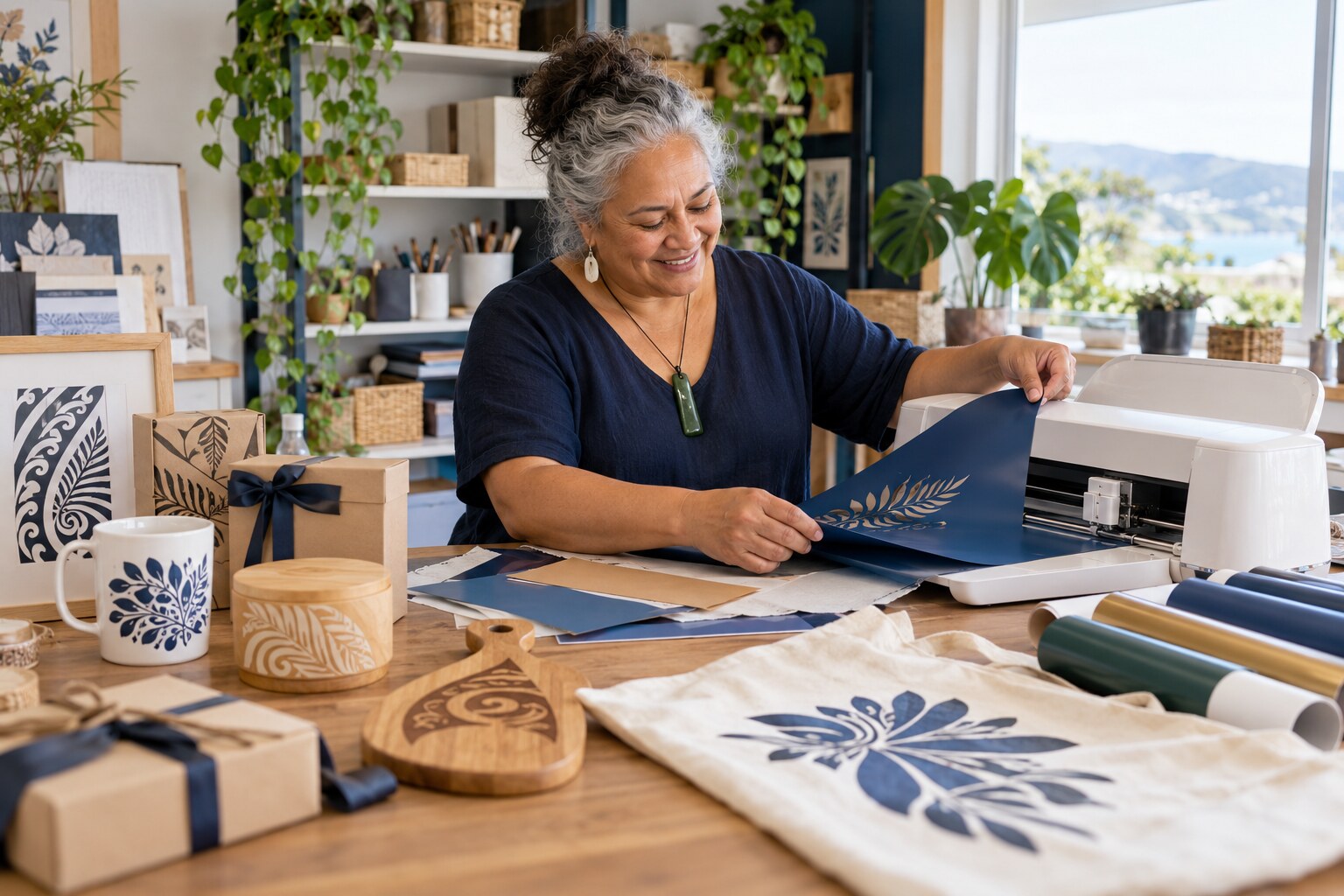 A Māori or Pasifika woman creating personalised items with a craft-cutting machine in a stylish home studio
