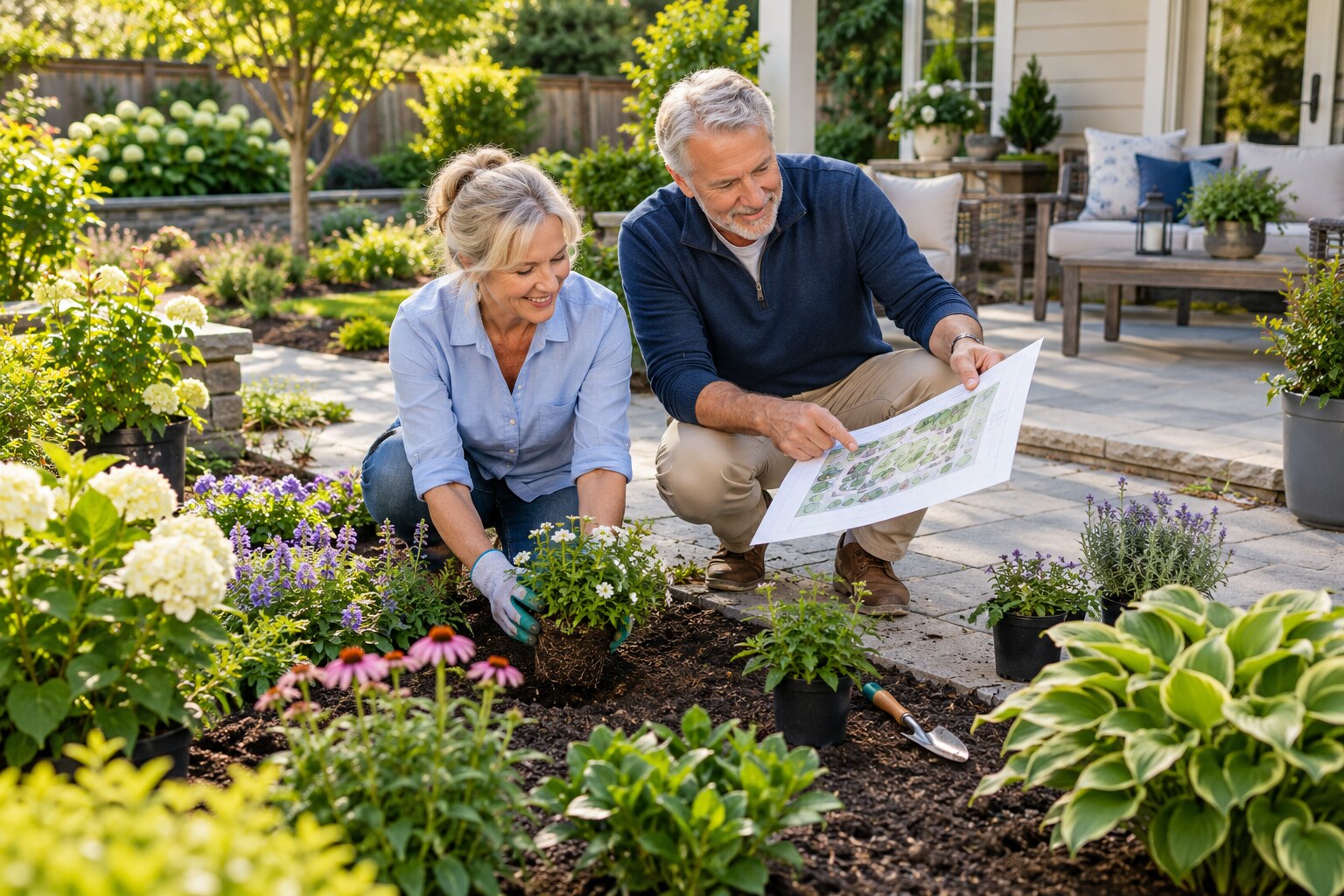 A mature couple planning and planting an attractive, achievable garden and patio project