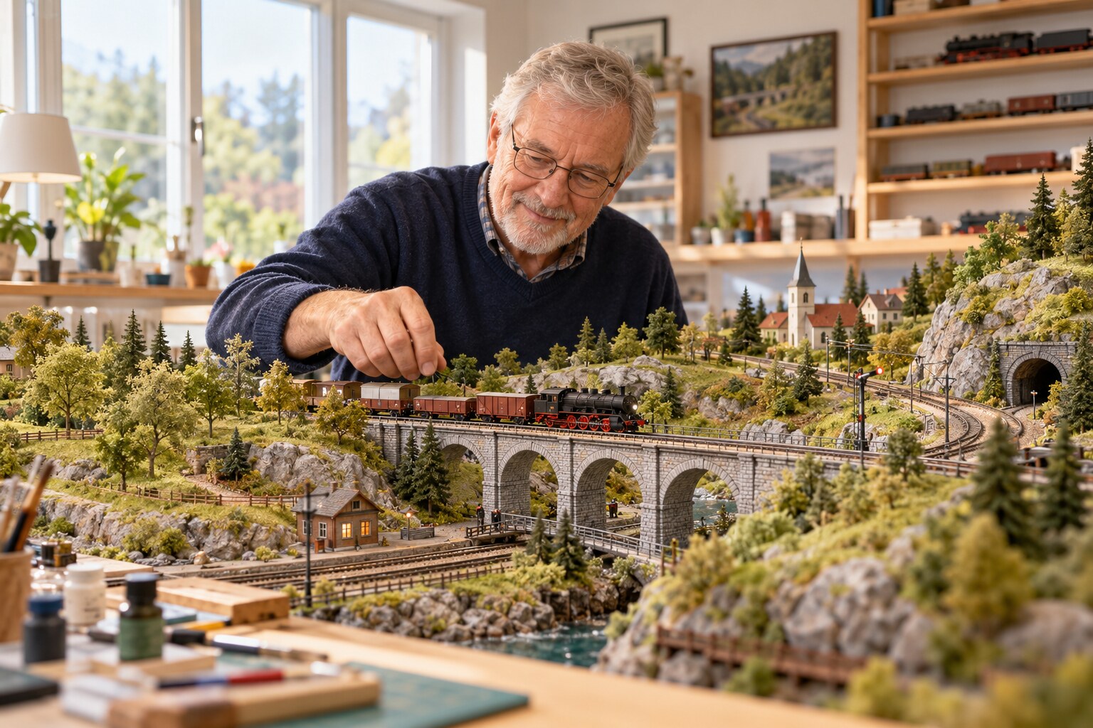 A mature hobbyist working with concentration and enjoyment on a detailed model railway