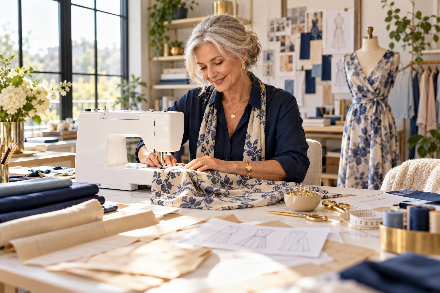 A mature woman enjoying a sewing project in a bright contemporary studio