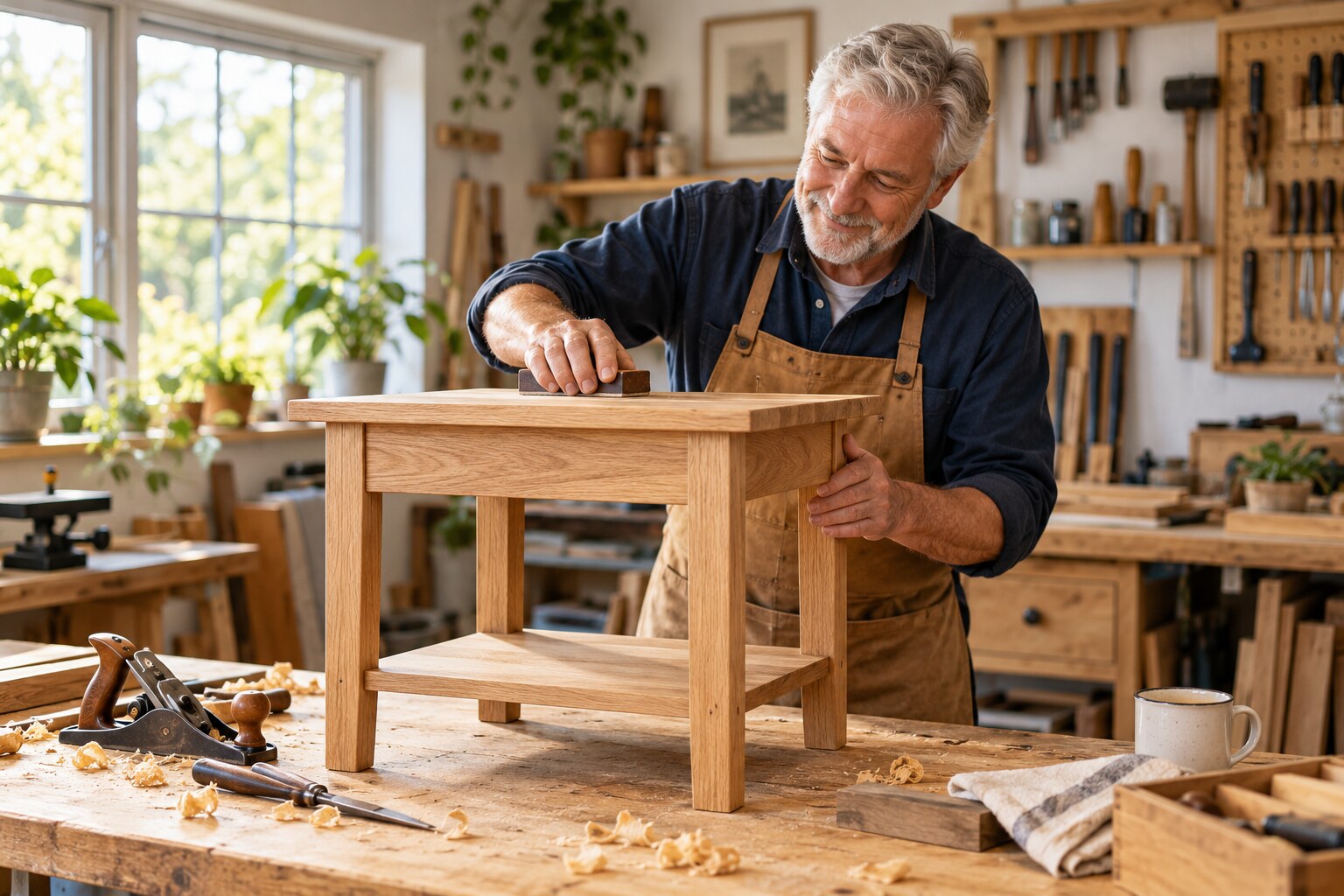 A mature man carefully finishing a timber project in a bright home workshop