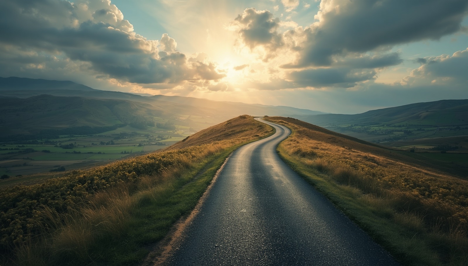 A winding road leading towards a sunlit horizon, symbolising the next chapter of life